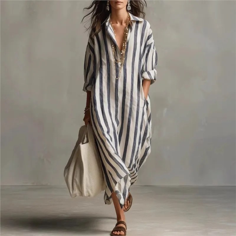 Casual Loose Linen Shirt Dress - Elegante linnen jurken met reverskraag, trendy