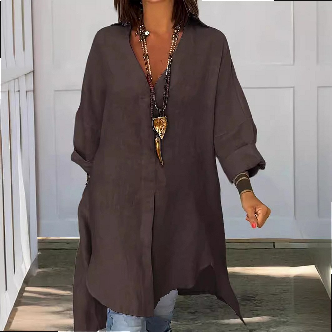 Dames linnen overhemdjurk, los - Casual Loose Linen Shirt Dress recensie en prijs